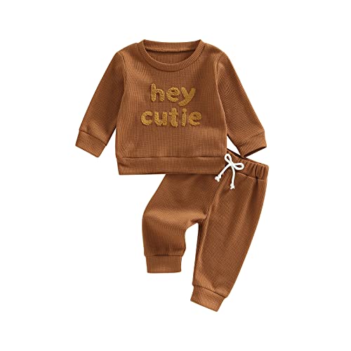 Toddler Baby Girl Boy Fall Winter Waffle Outfit Set Letter Printed Long Sleeve Sweatshirt Tops + Pants (Merry and Bright, 12-18 Months)