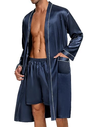 SWOMOG Mens Satin Robe with Shorts Set 2 PCS Kimono Bathrobe Long Sleeve Sleepwear Pjs Sets with Pockets Black Small