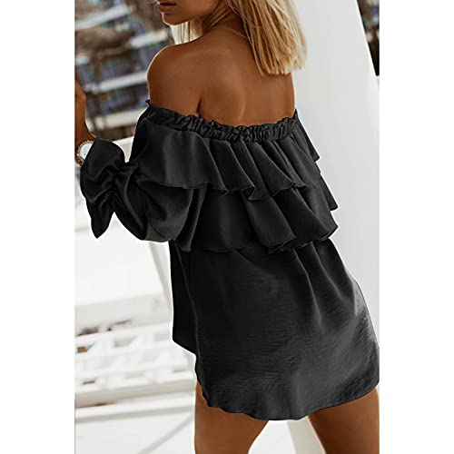 Byinns Women's Off Shoulder Ruffle Long Sleeve Blouses Casual Layered Tops Khaki