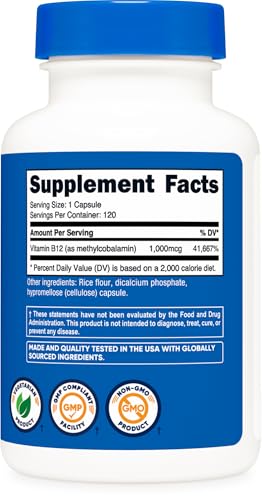 Nutricost Vitamin B12 (Methylcobalamin) 1000mcg, 120 Capsules - Vegetarian, Non-GMO & Gluten Free B12 Supplement