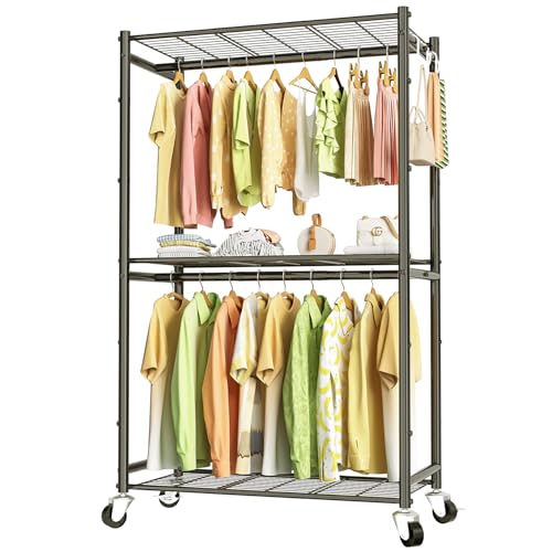 Neatrays Rolling Clothes Rack for Hanging Clothes, Metal Clothing Garment Rack with Double Rods & 3 Wire Shelves, Portable Wardrobe Closet with Wheels