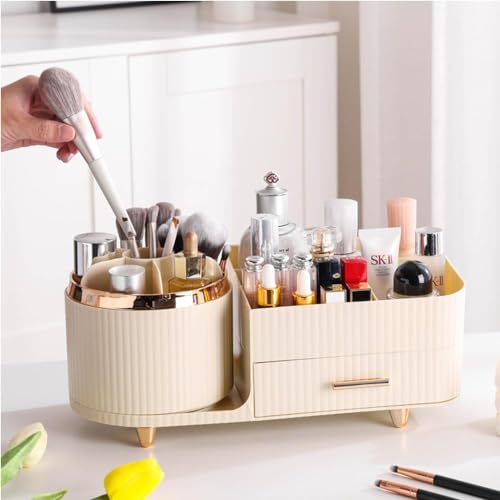 Zufudo Makeup Organizer Countertop with Drawers 360 Rotating Makeup Brush Holder Large Capacity Skincare Organizer for Vanity Desk, All Black