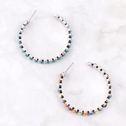 Natural Stone Beads Statement Earrings - Cutout Teardrop Open Pear Shape Beaded Drop Dangles, Round Hoops (Western Concho Earrings - Boho Teardrop Silver Burnish Turquoise)