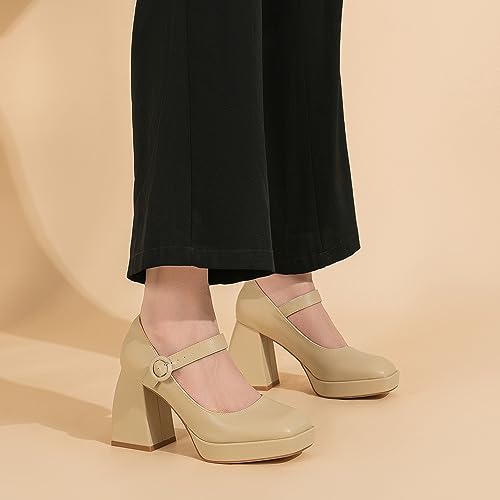 Amoji Women's 4 Inch Platform Heels Mary Janes Closed Square Toe High Chunky Heeled Pump Dressy Shoes for Wedding Party 306 Black Size 6 women