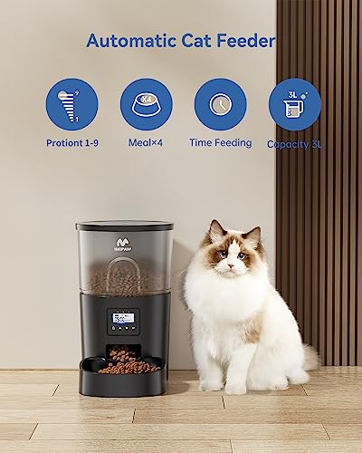 IMIPAW Automatic Cat Feeder, 3L Timer Controlled Dry Food Dispenser for Pets, 1-6 Meals Per Day, Dual Power Supply, Programmable Portion Size, Black