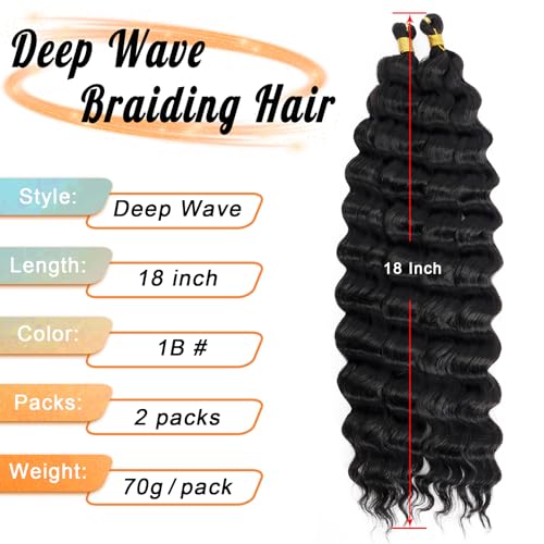 Eerya Long Curly Braiding Hair 18 Inch 2 Packs Ocean Wave Crochet Hair for Black Women Deep Wave Braiding Hair for Boho Braids(18 inch, #350)