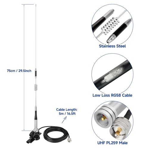 Bingfu Vehicle Mobile Ham Radio Antenna VHF UHF 136-174MHz 400-470MHz Car Truck Amateur Two Way Radio Antenna with Lip Mount Fixed Bracket PL259 Male 5m 16.5 feet RG58 Cable