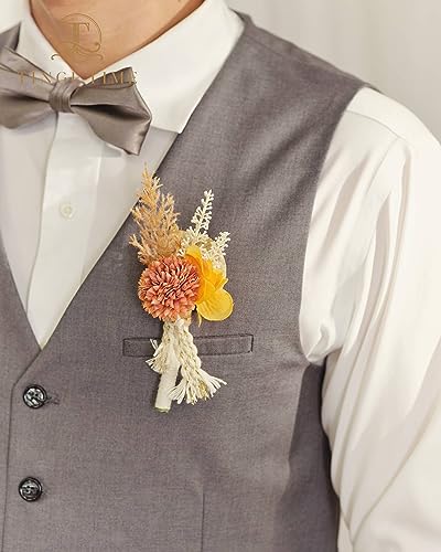 TINGE TIME Boutonniere for Men Wedding, Set of 6, Beige Artificial Groom Boutineer for Wedding Ceremony Anniversary, Formal Dinner Homecoming and Prom