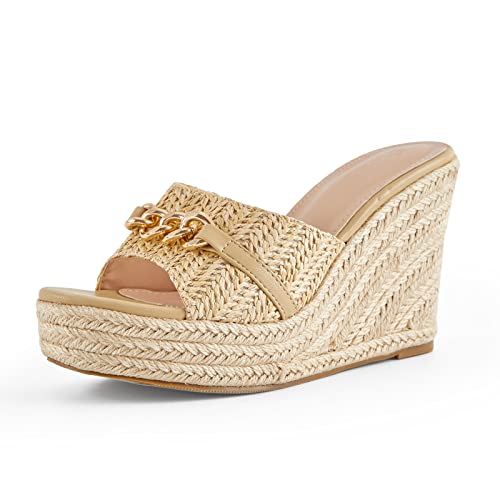 Womens Espadrille Wedge Sandals Chain Wedge Heel Platform Backless Slip On Slides Fashion Open Toe Casual Shoes 6.5
