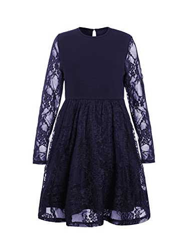 WDIRARA Women's Floral Lace Panel Long Mesh Sleeve Round Neck Keyhole Back Formal Flared A Line Short Dress Navy Blue 8Y