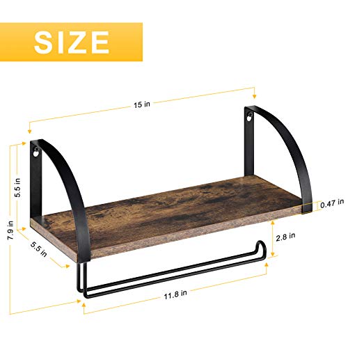 BTY Paper Towel Holder with Shelf, Vintage Farmhouse Wall Mounted Paper Towel Holder Under Cabinet Spice Rack for Kitchen, Bathroom Toilet Paper Dispenser Rustic Brown