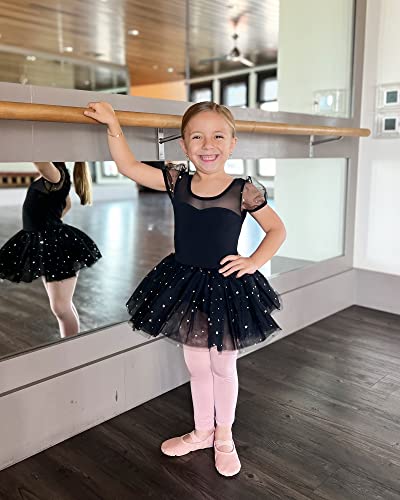 Stelle Puff Sleeve Ballet Leotards for Girls with Sparkly Tutu Skirted Toddler Dance Dress Outfit (Ballet Pink-Puff Sleeve, 2T)