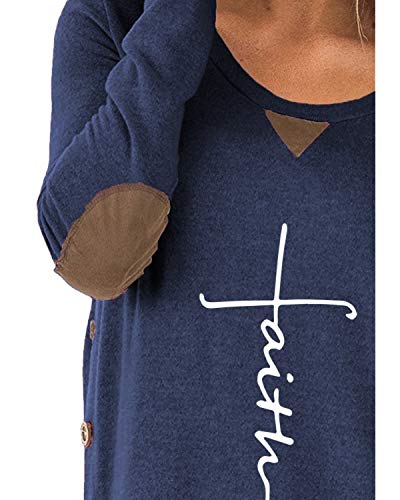 ZILIN Women's Faux Suede Elbow Patch T-Shirt Long Sleeve Letter Print Tunic Shirts Tops (Blue, M)