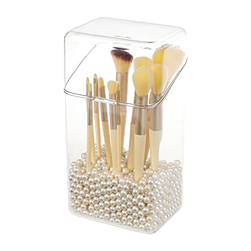 Yesesion Makeup Brush Holder with White Pearls, Clear Cosmetics Brushes Organizer with Lid, Large Capacity Storage Box for Vanity, Bathroom Counter, Dresser, Hair Accessories Organizer for Girls