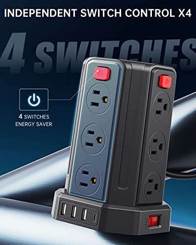 Power Strip Surge Protector, 10 Ft Extension Cord with 12 AC Multiple Outlets 4 USB (1 USB C), SMALLRT Power Tower Desktop Charging Station, Home Dorm Room Office Essentials, Desk Accessories Black