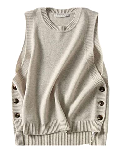 HangNiFang Women's Round Neck Sleeveless Pullover Ribbed Knit Beige Sweater Vest Top (0199-BeigeX1-XS)