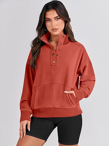 ANRABESS Women Sweatshirt Fall Casual Button Up Henley Pullover Sweater Comfy Loose 2024 Trendy Outfits Top Preppy Cothes Deep army green X-Large