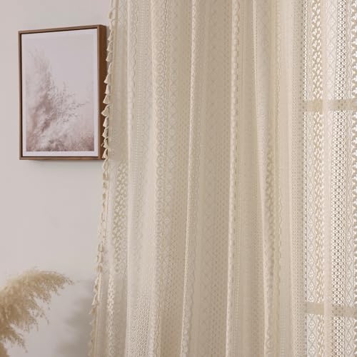 WAZZIO Boho Crochet Semi-Sheer Curtains - 108 Inch Long, 2 Panel Sets - Farmhouse Vintage Geometry Knitted Lace Beige Drapes with Retro Tassel for Living Room & Bedroom