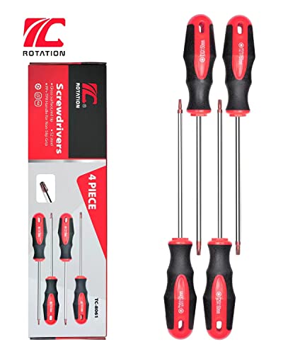 ROTATION 4PCS Magnetic Tip Torx Screwdriver Set, 4 Torx Star Screwdrivers, T20, T25, T27, T30, Red Tip | Red, Gloss, S2 Steel