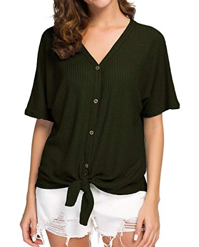IWOLLENCE Womens Waffle Knit Tunic Blouse Tie Knot Short Sleeve Henley Tops Loose Fitting Bat Wing Shirts White, L