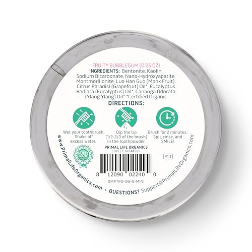 Primal Life Organics - Dirty Mouth Toothpowder, Tooth Cleaning Powder, Flavored Essential Oils with Natural Kaolin & Bentonite Clay, Good for 200+ Brushings, Organic, Vegan (Sweet Bubblegum, 0.25 oz)