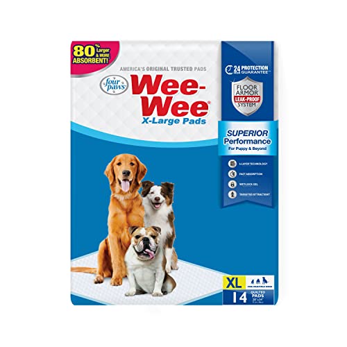 Four Paws Wee-Wee Superior Performance XL Pee Pads for Extra Large Dogs, Leak-Proof Floor Protection Dog & Puppy Quilted Potty Training Pads, Unscented, 28" x 34" (14 Count)
