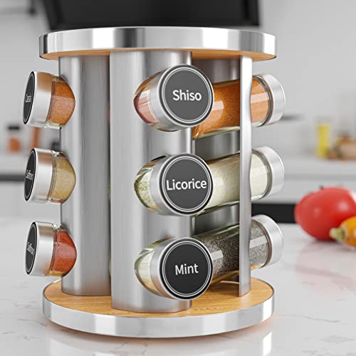New England Stories Revolving Spice Rack Set with 20 Spice Jars, Kitchen Spice Tower Organizer for Countertop or Cabinet - Carousel Storage Includes 386 Spice Labels (Bamboo)