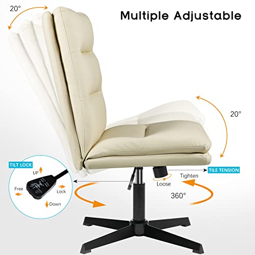 PUKAMI Criss Cross Chair,Comfy Cross Legged Office Desk Chair No Wheels,Cute Makeup Vanity Chair,Fabric Modern Swivel Height Adjustable Mid Back Wide Seat Computer Task Chair for Home Office(Beige)