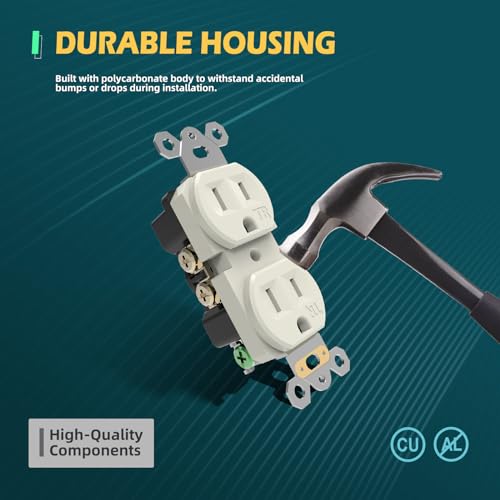 TOPELER 10 Pack Duplex Receptacle Outlets, Residential Grade Tamper-Resistant Electrical Wall Outlet, 15A 125V, 2 Pole 3 Wire, NEMA 5-15R, Self-Grounding, UL Listed, Light Almond