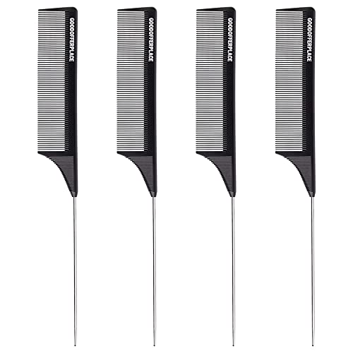 Goodofferplace 4 PCS Rat Tail Combs Parting Rattail Combs Teasing Fine Tooth Comb with Metal Pick for Curly Hair,Detangling Combs for Women,Parting Combs for Braiding,Styling Hair(Black)