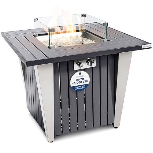 Outdoor Propane Fire Pit Table - CSA/ETL Certified 50,000 BTU Pulse Ignition Weatherproof Square Propane Gas Fire Table w/Adjustable Flame - Glass Wind Guard, Glass Rocks - SereneLife SLNFRE27