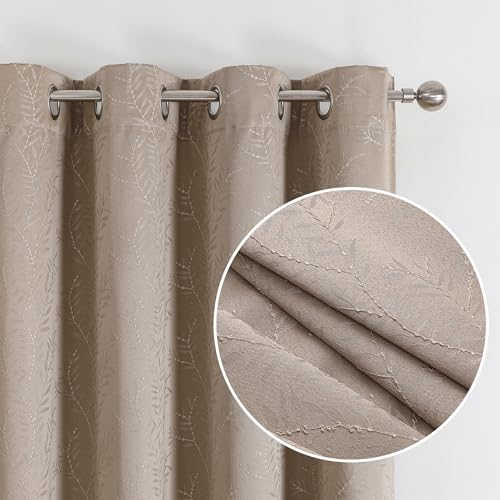 Chyhomenyc Debby Camel Blackout Curtains 63 Inches Long 2 Panels for Living Room, Thermal Insulated Energy Saving Noise Reducing Branch Jacquard Textured Heavy Grommet Window Drapes, Each 52x63 inch