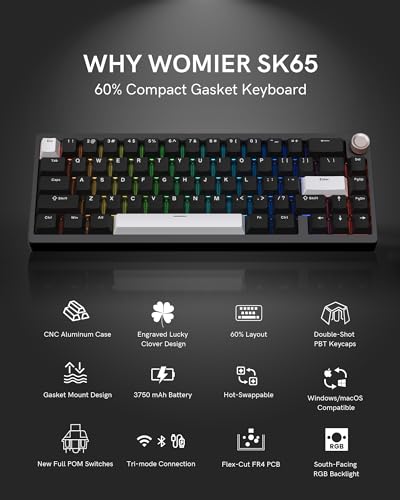 Womier SK65 Wireless Mechanical Gaming Keyboard, 60 Percent Retro Creamy Black Aluminium Keyboard, Bluetooth 5.0/2.4GHz/USB-C Wired Hot Swappable Custom RGB Backlit Keyboard for Mac Computer PC