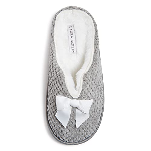 Laura Ashley Womens Memory Foam Slip On Terry Cloth Clog Slippers, Ladies Fuzzy Rubber Bottom Fur Bedroom House Shoes, Basic Grey, Small