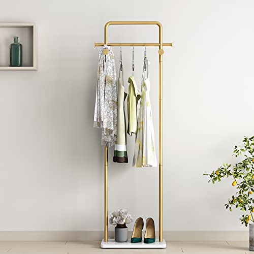TIEOU Gold Clothing Racks with Shelf, Heavy Duty Gold Clothes Racks for Boutiques, Free-Standing Metal Garment Rack for Hanging Clothes, Modern Coat Rack Entryway