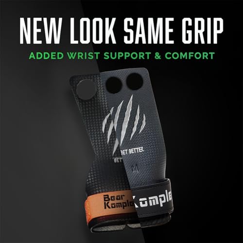 Bear KompleX 2 and 3 Hole Carbon Hand Grips for Crossfit Workouts, Pull-ups, Weightlifting, WOD Gymnastics, Crosstraining Palm Grips with Wrist Wraps, Hand Protection from Rips and Blisters,1 Pair