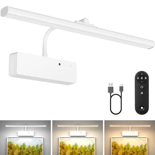 Picture Light with Remote, 15.35inch Wireless Rechargeable Battery Wall Light for Paintings, 3 Colors Paintings Light Dimmable and Timer Metal Art Light for Display, Wall, Artwork, Gallery (White)
