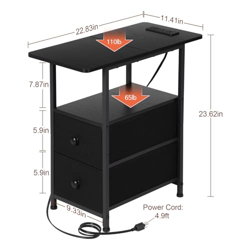 AMHANCIBLE Narrow Nightstand with Charging Station, Slim End Side Table with USB Ports and Outlets, Bedside Table with 2 Fabric Drawers for Bedroom, Living Room, Small Space, Black, HETN012BK-1
