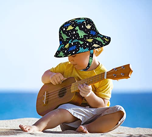 Baby Boy Girl Sun Hat,Adjustable Toddler Kids UPF 50+ Sun Protective Wide Brim Sun Hat,Beach Hat for Girl Boy (0-6 Months, Black-Dinosaur)