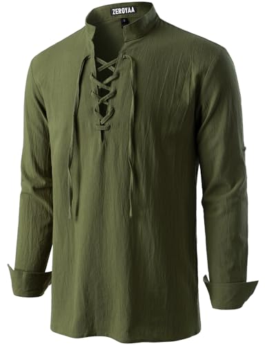 ZEROYAA Men's Medieval Vintage Long Sleeve Lace Up Shirt Renaissance Costume for Halloween Viking Pirate Cosplay ZHCL60-White Medium