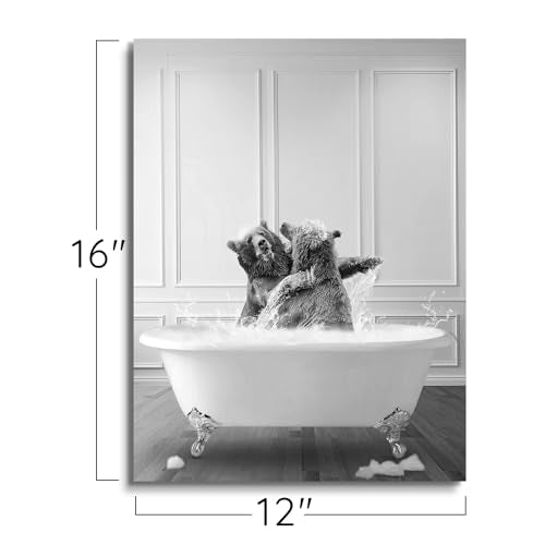 Funny Bathroom Decor Wall Art Black and White Canvas Prints Two Bears Fighting in Bathtub Rustic Style Animal Poster Artwork for Bathroom Powder Room Restroom Decoration Farmhouse Wall Decor 12x16inch