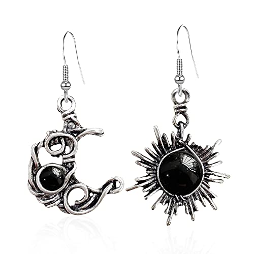 Vintage Boho Opal Sun and Moon Drop Dangle Earrings Moonstone Natural Stone Hook Bohemian for Women Asymmetrical Antiqued Silver Celestial Jewelry (Royal Blue)