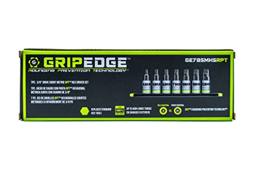 GRIPEDGE HEX Bit Socket Set | 7-PC - 3/8'' Drive Short SAE RPT Hex Driver Set | Sizes 1/8'' - 3/8'' | Made With S2 Steel | Includes Premium Aluminum Storage Rail |