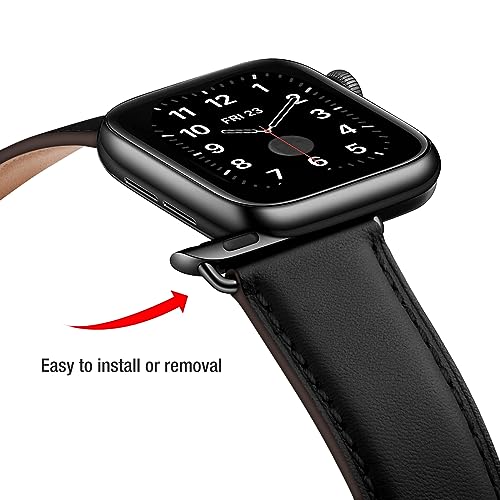 OMIU Square Bands Compatible with Apple Watch Band 38mm 40mm 41mm 42mm 44mm 45mm 49mm, Genuine Leather Wristband Starp for iWatch SE Series 9 8 7 6 5 4 3 2 1 Ultra for Women Men(Dark Blue/Black)