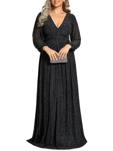 Ever-Pretty Women's Glitter Long Sleeves V Neck Pleated Empire Waist Floor Length Plus Size Formal Dresses Evening Gowns Black US16