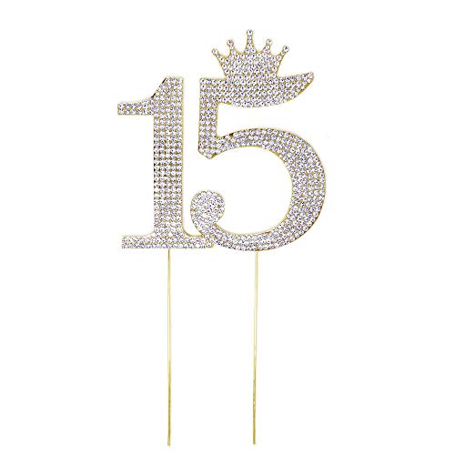 Number 15 Quinceanera Rhinestone Princess Crown Monogram Cake Topper - Sweet 15th Birthday Party (Gold)