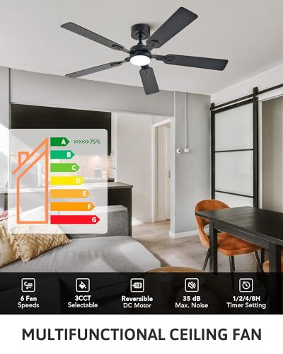 VONLUCE Ceiling Fans with Lights and Remote, 52" Ceiling Fan with 5 Blades, 6-Speeds Noiseless Reversible DC Motor for Farmhouse Bedroom Indoor, Black