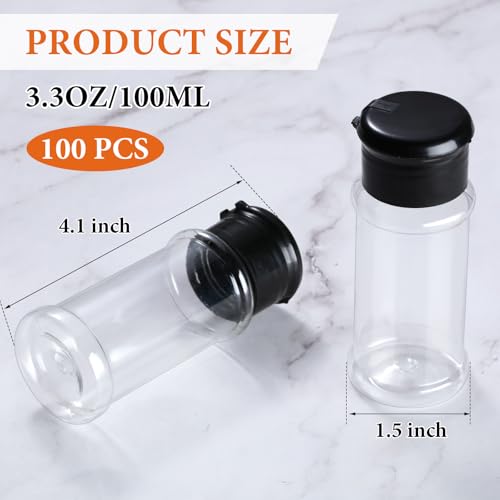 Amyhill 100 Pcs Plastic Spice Bottles Spice Jars Seasoning Jars Shaker Plastic Jars 3.3 Oz/ 100ml Seasoning Shaker with Shaker Lids(Black Lid)
