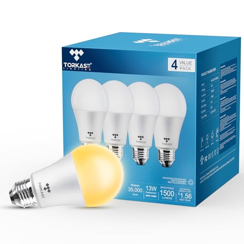 Torkase A19 LED Bulbs 100 Watt Equivalent, 13W 1500 Lumens Very Bright and Energy Saving, Non-Dimmable, 2700K Warm White, Standard E26 Medium Base Bulk Lighting Bulb, 30000 Hour Lifetime(Pack of 4)