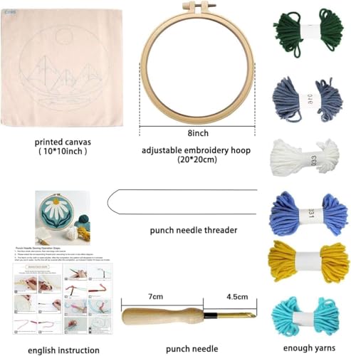 Punch Needle Kit for Beginner, Rug Yarn Hooking Beginner Kit with Instruction, Punch Needle Fabric with Pattern, Yarns, Embroidery Hoops for Punch Needle 20CM/9.8INCH (Fish)